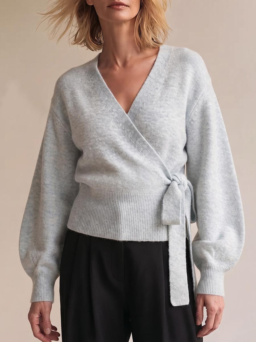 Women's Solid Color V-neck Long Sleeve Casual Loose Tie-waist Knit Top