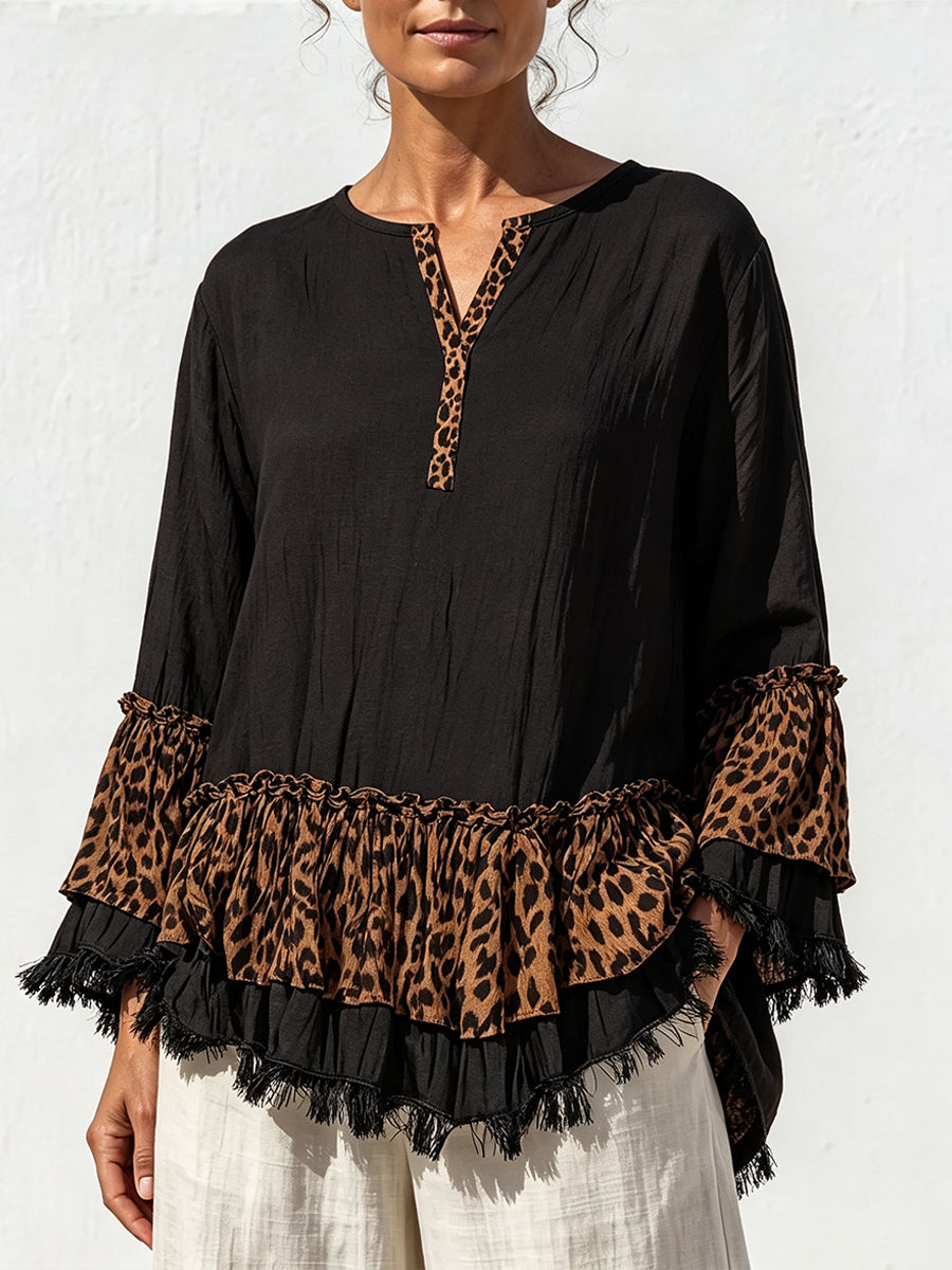 Loose-fit Casual Leopard-print Cotton-linen Blend Top With Ruffles And Tassels.