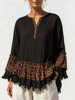 Loose-fit Casual Leopard-print Cotton-linen Blend Top With Ruffles And Tassels.