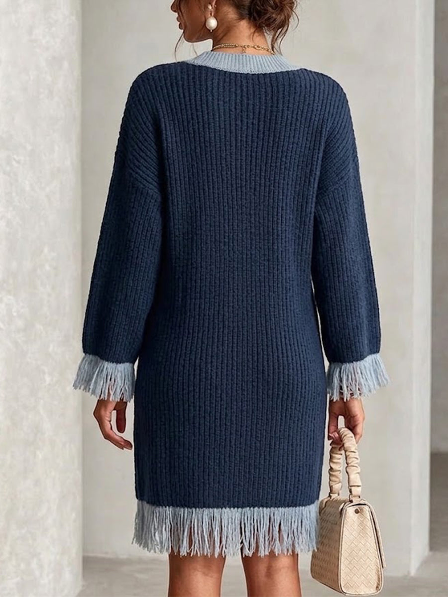 Color-block V-neck Fringed Knit Dress