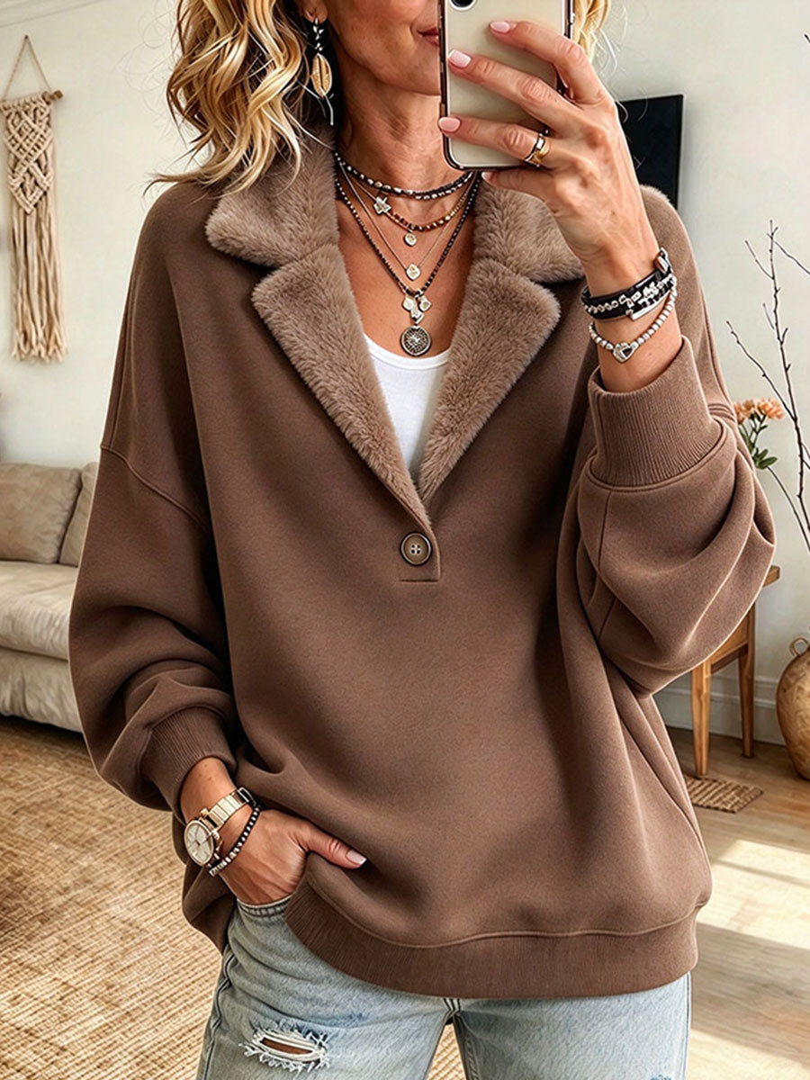 Relaxed Boho Faux Fur Collar Brown Sweatshirt Pullover