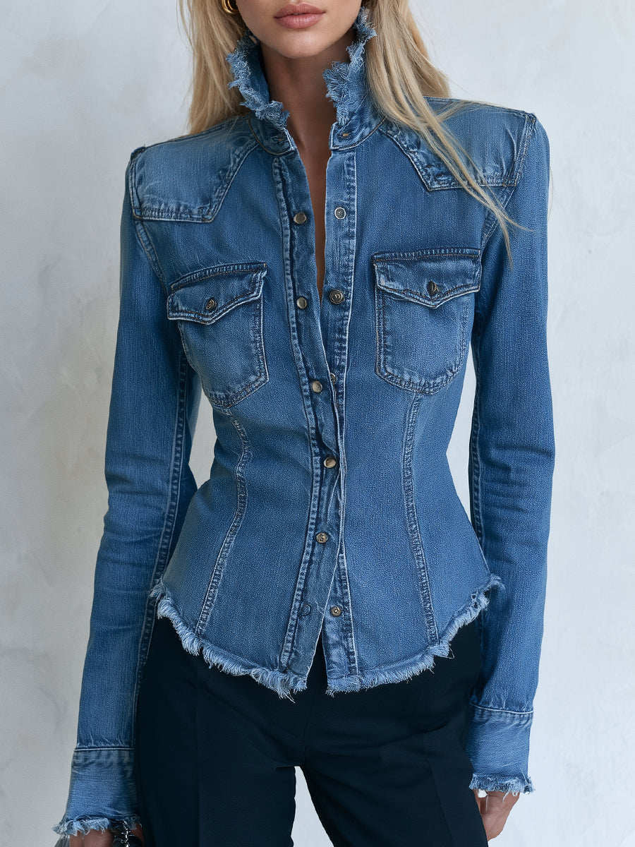 Casual Frayed-edge Denim Shirt