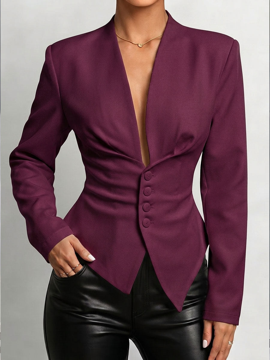 Women's Solid Color V-neck Long-sleeved Casual Loose Belted Jacket