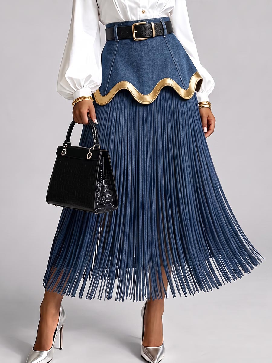 Women's High-waisted Casual Loose-fitting Fringed Denim Skirt