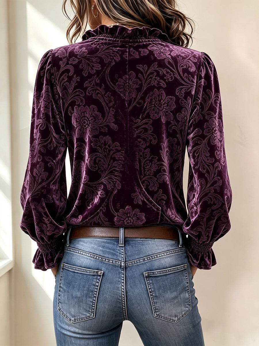 Luxurious Floral Velvet Button-Down Top