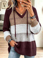 Women's Color-blocked V-neck Long-sleeved Casual Loose Knit Hooded Pullover