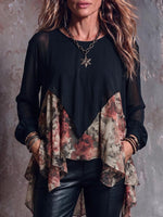 Women's Round Neck Long Sleeve Casual Loose Retro Print Patchwork Pullover
