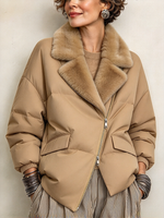 Asymmetrical Zip Plush Faux Fur Colla Puffer Khaki Jacket