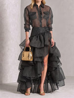 Chic Striped Sheer Shirt & Ruffled High-Low Maxi Skirt Set