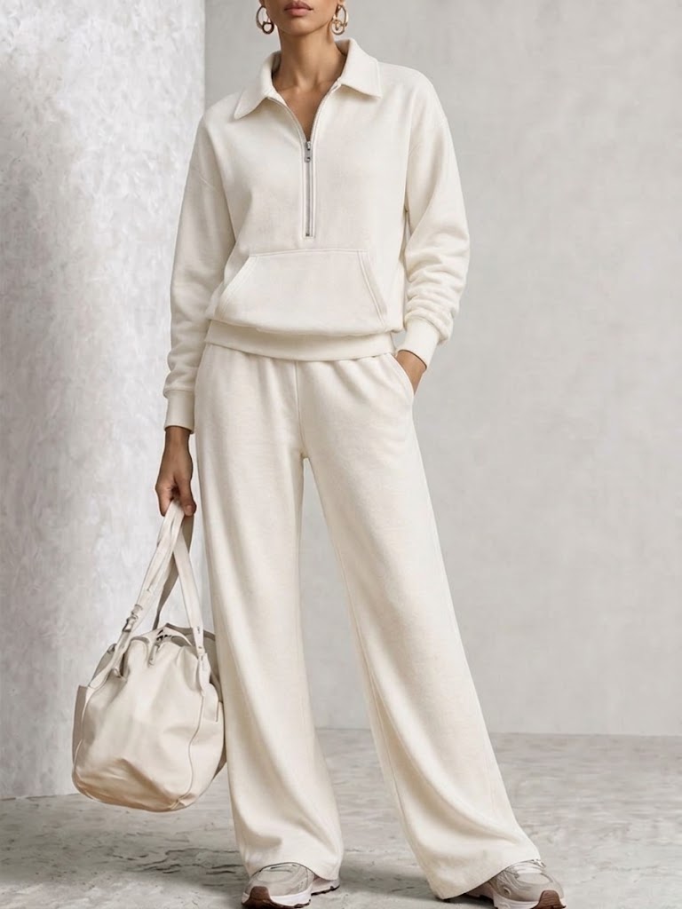 Half‑zip Collared Sweatshirt & Wide‑leg Sweatpants Set