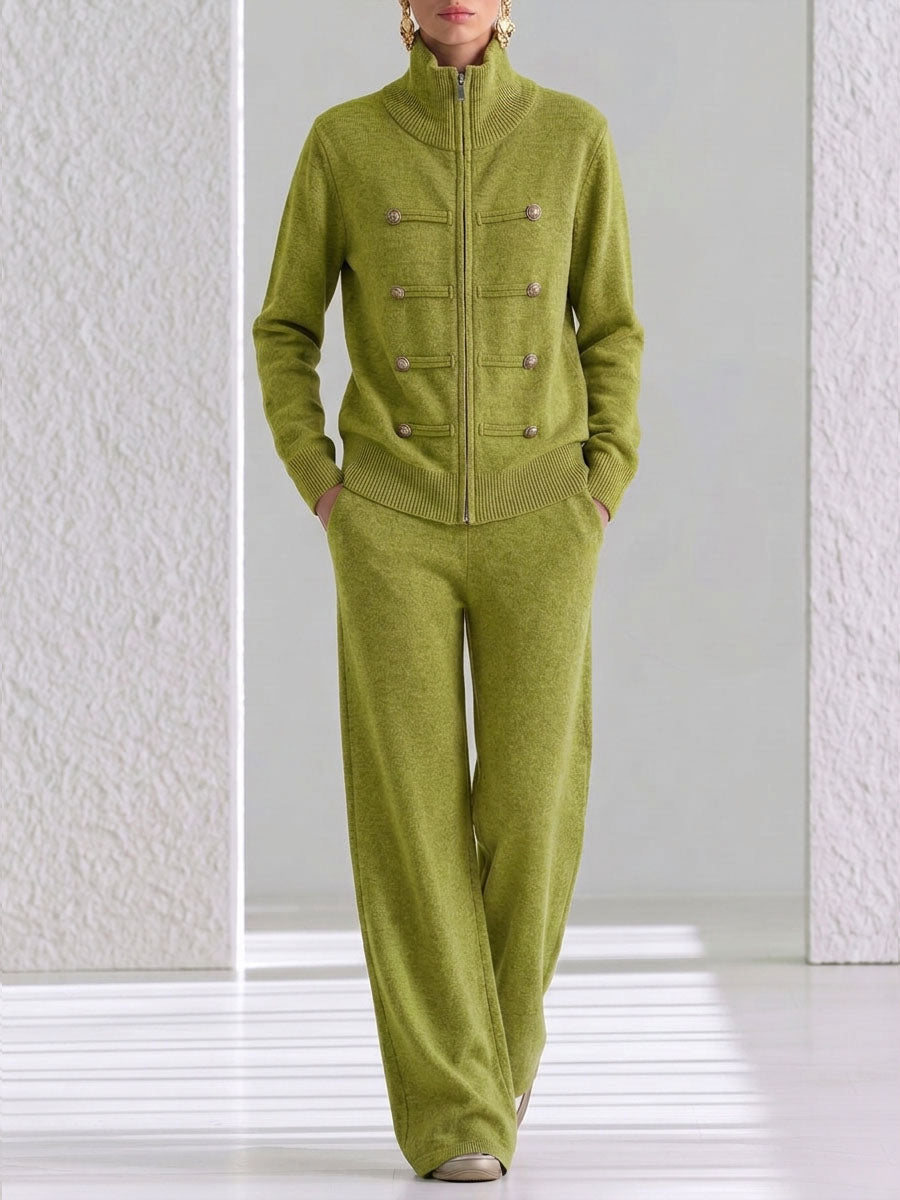 Women's Solid Color Stand Collar Long Sleeve Casual Loose Knit Top And High Waist Wide Leg Pants Knit Set
