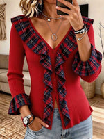 Women's Plaid Ruffle Trim V-Neck Ribbed Knit Button-Down Top Cardigan