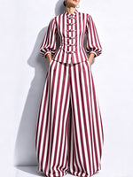 Vintage-style Burgundy And White Striped Cotton-linen Two-piece Set
