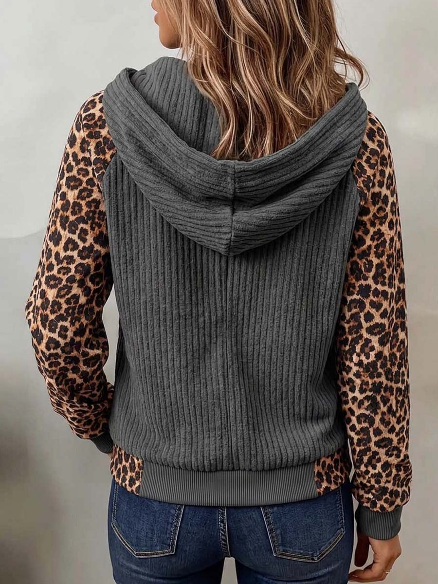 Women's Grey Corduroy Zip-Up Hoodie with Leopard Contrast