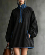 Casual Faux Suede Half-Zip Dress with Contrast Trim