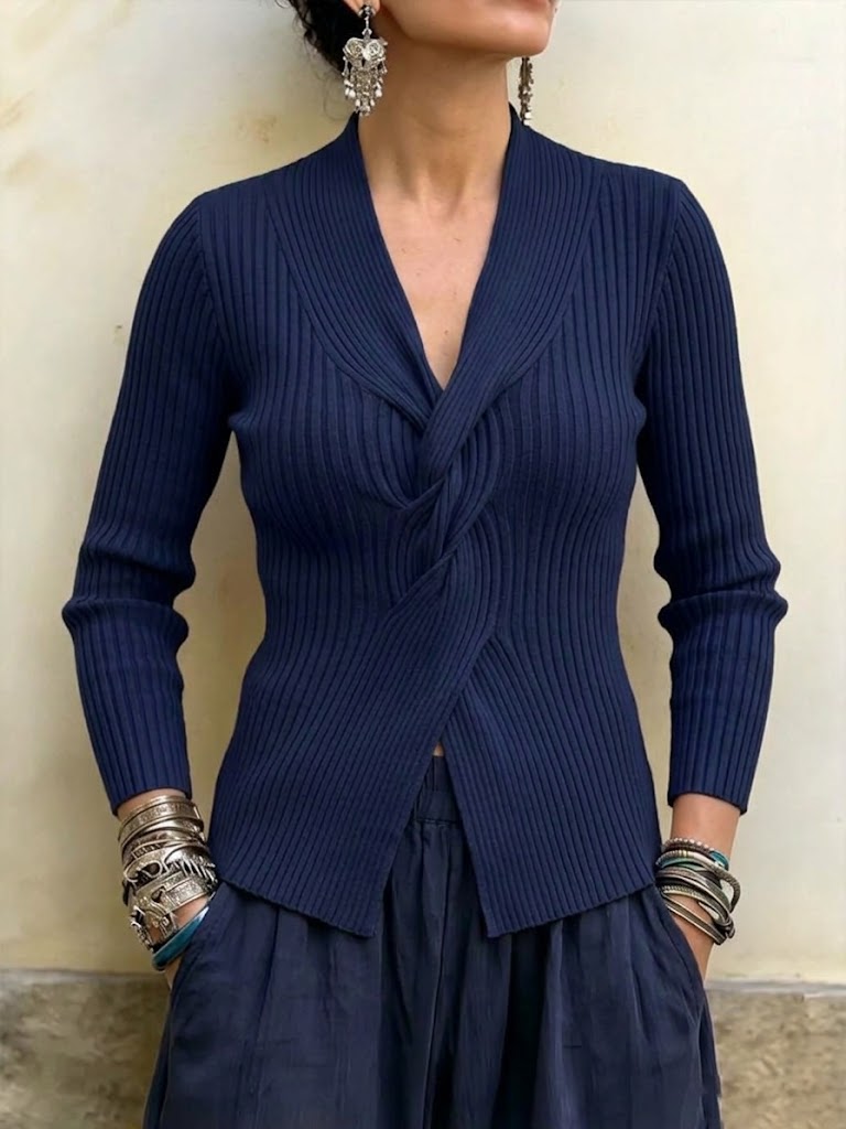 Twist-front V-neck Ribbed Slim-fit Knit Top