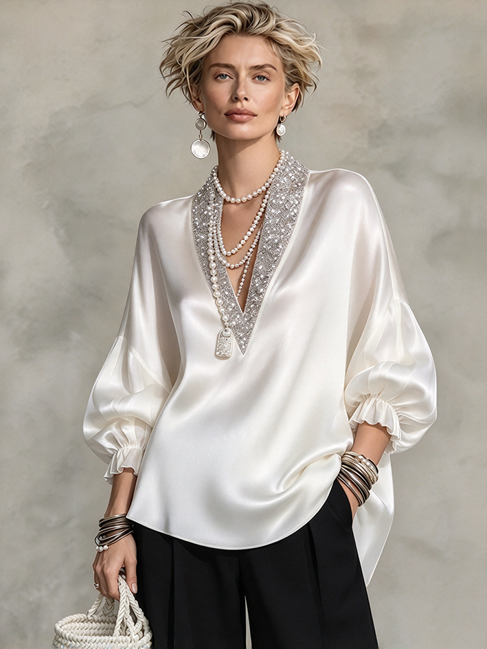 Elegant Formal Sparkling Embellished Satin Blouse