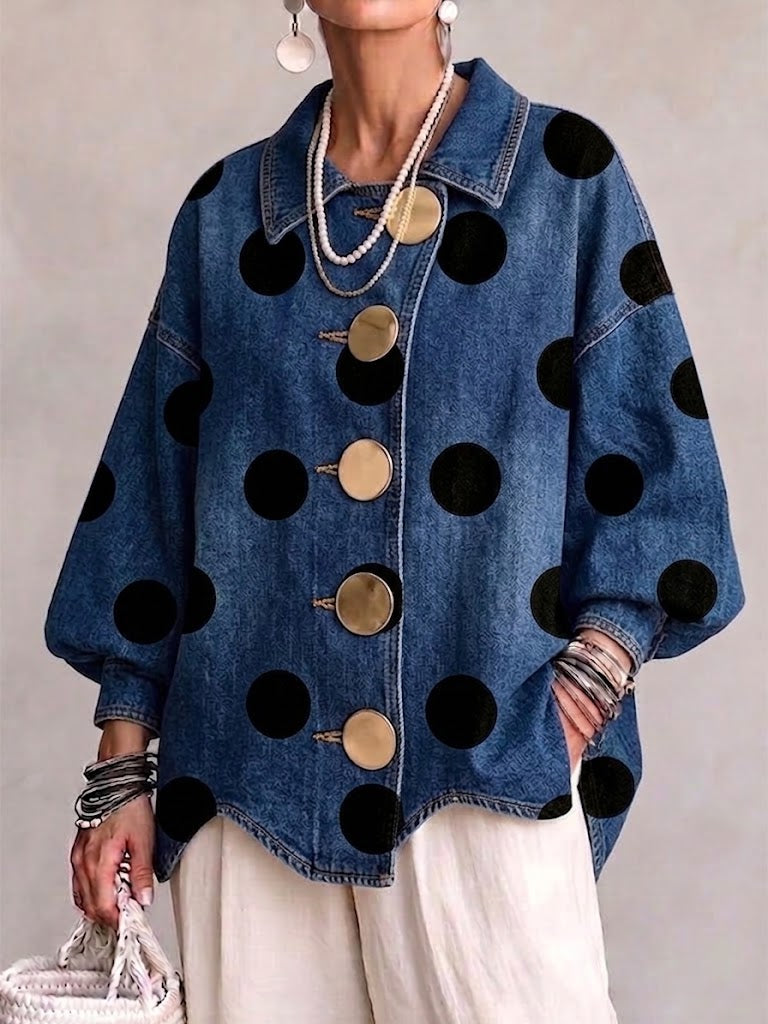 Oversized Polka-dot Denim Jacket With Lapel, Irregular Hem, And Large Metal Buttons