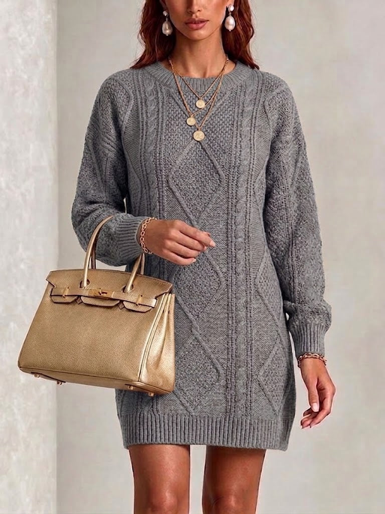 Diamond-cable Knit Knee-length Dress With A Round Neck