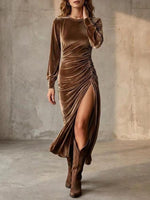 Glamorous Brown Velvet Ruched High-slit Maxi Dress
