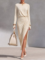 Women's Solid Color Round Neck Long Sleeve Casual Loose Slit Knitted Dress