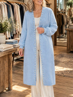 Casual Oversized Long Plush Knit Cardigan With Pearl Embellishments