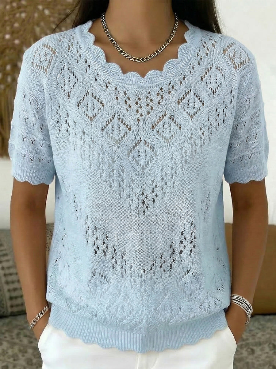 Scallop Collar Diamond Open‑work Crochet Short‑sleeve Knit Top