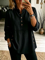 Hollow Eyelet Stand Collar Linen Henley Blouse