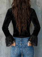 Elegant Black Velvet V-neck Top With Floral Lace Trim