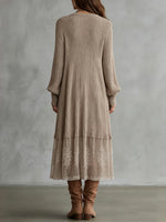 Boho Khaki Embroidered Panel Knit Midi Dress