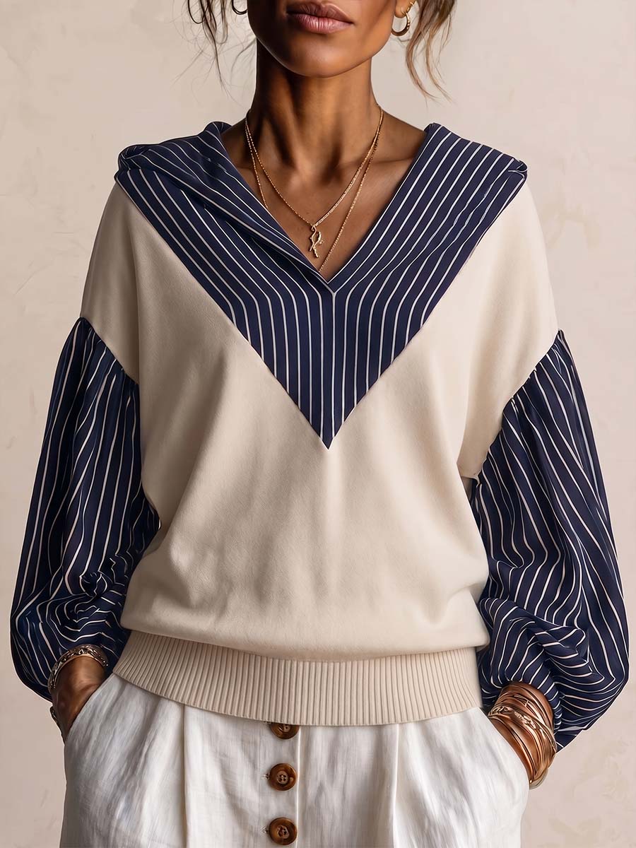 Women's Striped Print Patchwork V-neck Long-sleeved Casual Loose Hooded Pullover Top