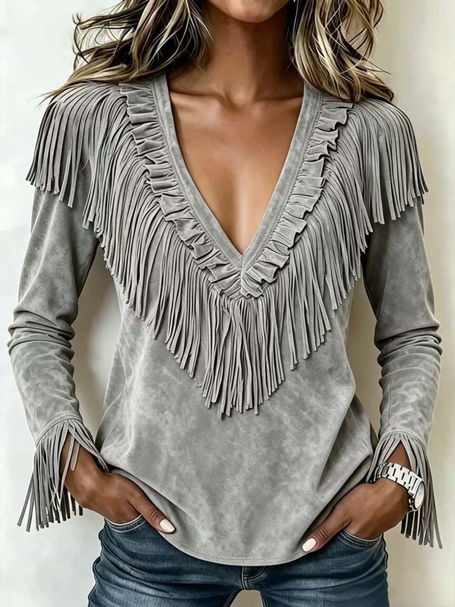 Women's Solid Color V-neck Long-sleeved Casual Loose Tassel Top