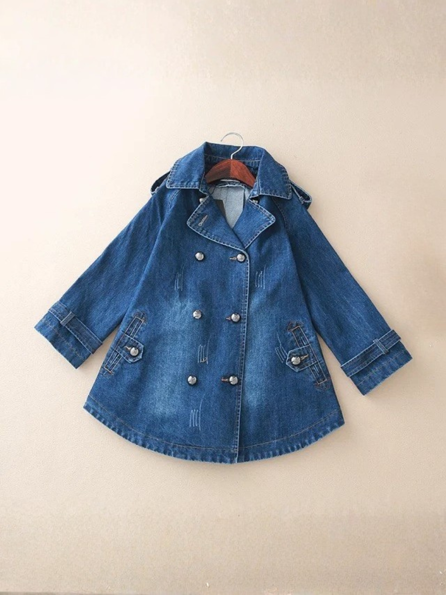 Vintage Washed Denim Pea Coat – Lapel Collar Utility Jacket