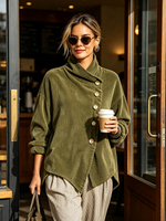 Chic High Funnel Neck Asymmetric Corduroy Top