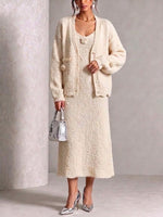 3d Floral Knit Cardigan & Cami Midi Dress Two‑piece Set