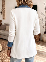 Sophisticated Ribbed Knit Cardigan with Denim Trim