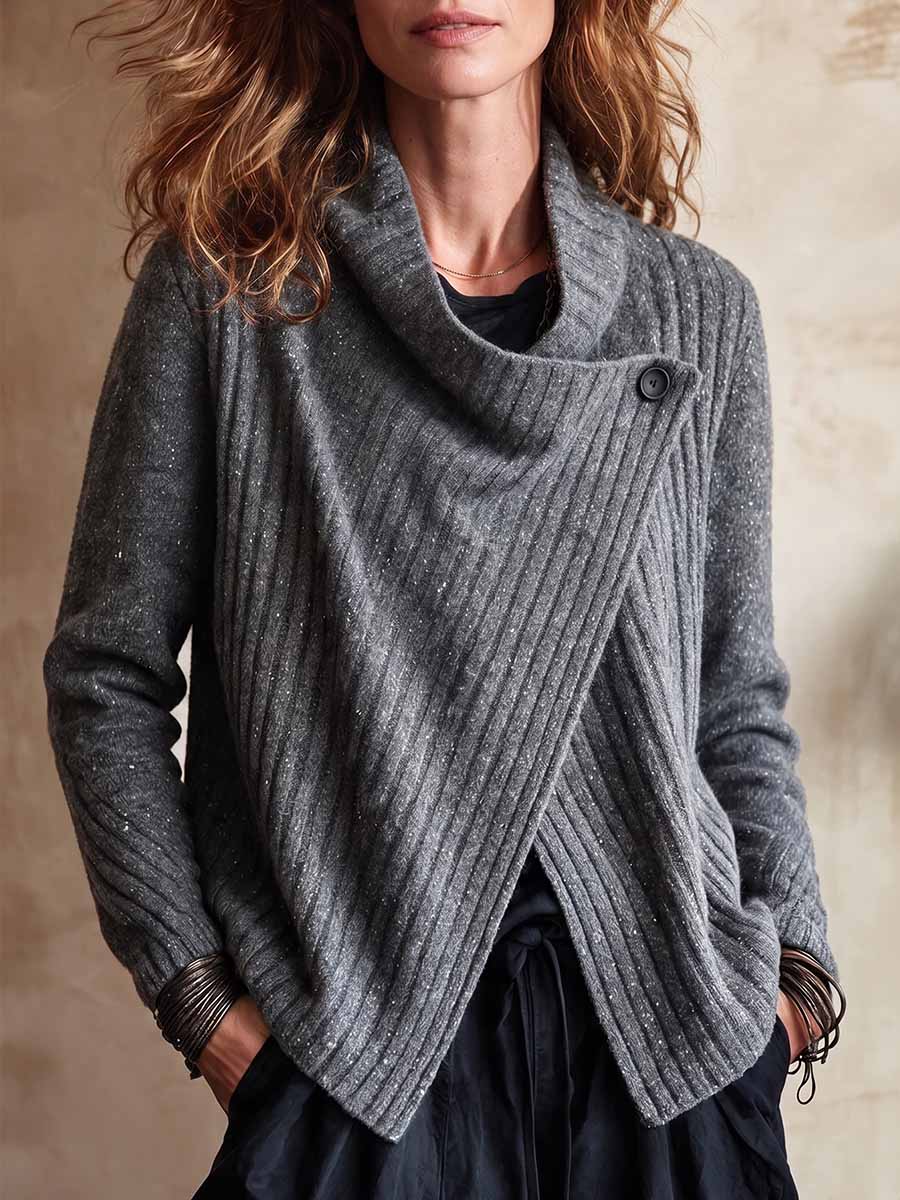 Women's Solid-color Long-sleeve Knit Top With Subtle Shimmer, Stand Collar, And Relaxed Fit