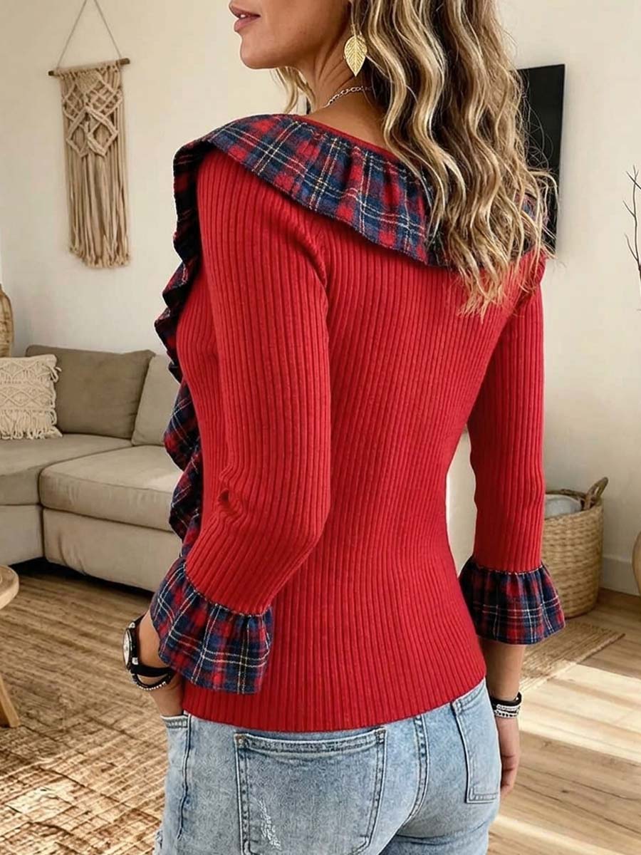 Women's Plaid Ruffle Trim V-Neck Ribbed Knit Button-Down Top Cardigan