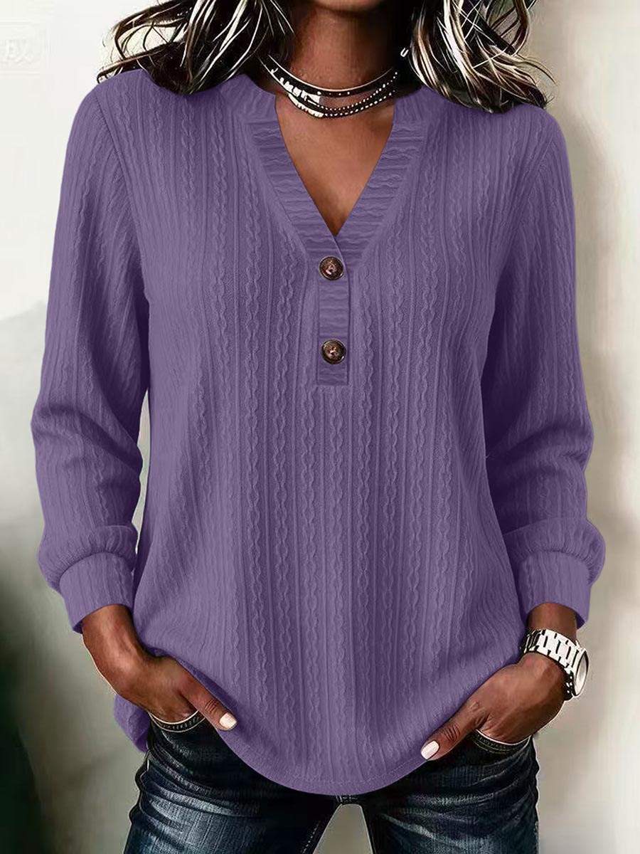 Textured Henley V-Neck Long Sleeve Blouse