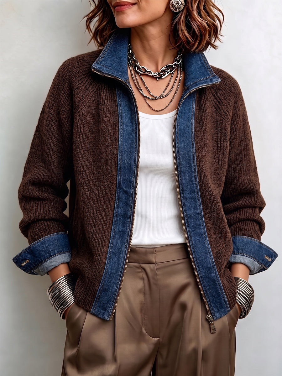Chic Denim-Trim Ribbed Knit Zip-Up