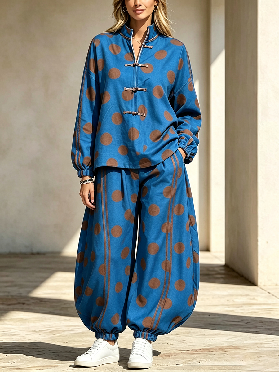 Cozy Fall Casual Polka Dot Frog Button Tracksuit Set