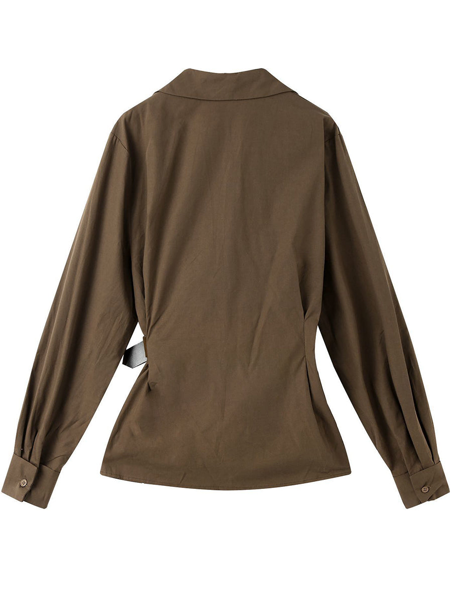 Chic Casual Lace-up Ruched Wrap-style Cotton Shirt