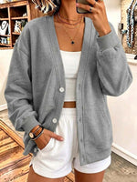Women's Solid Color V-neck Long-sleeved Casual Loose Cotton Cardigan