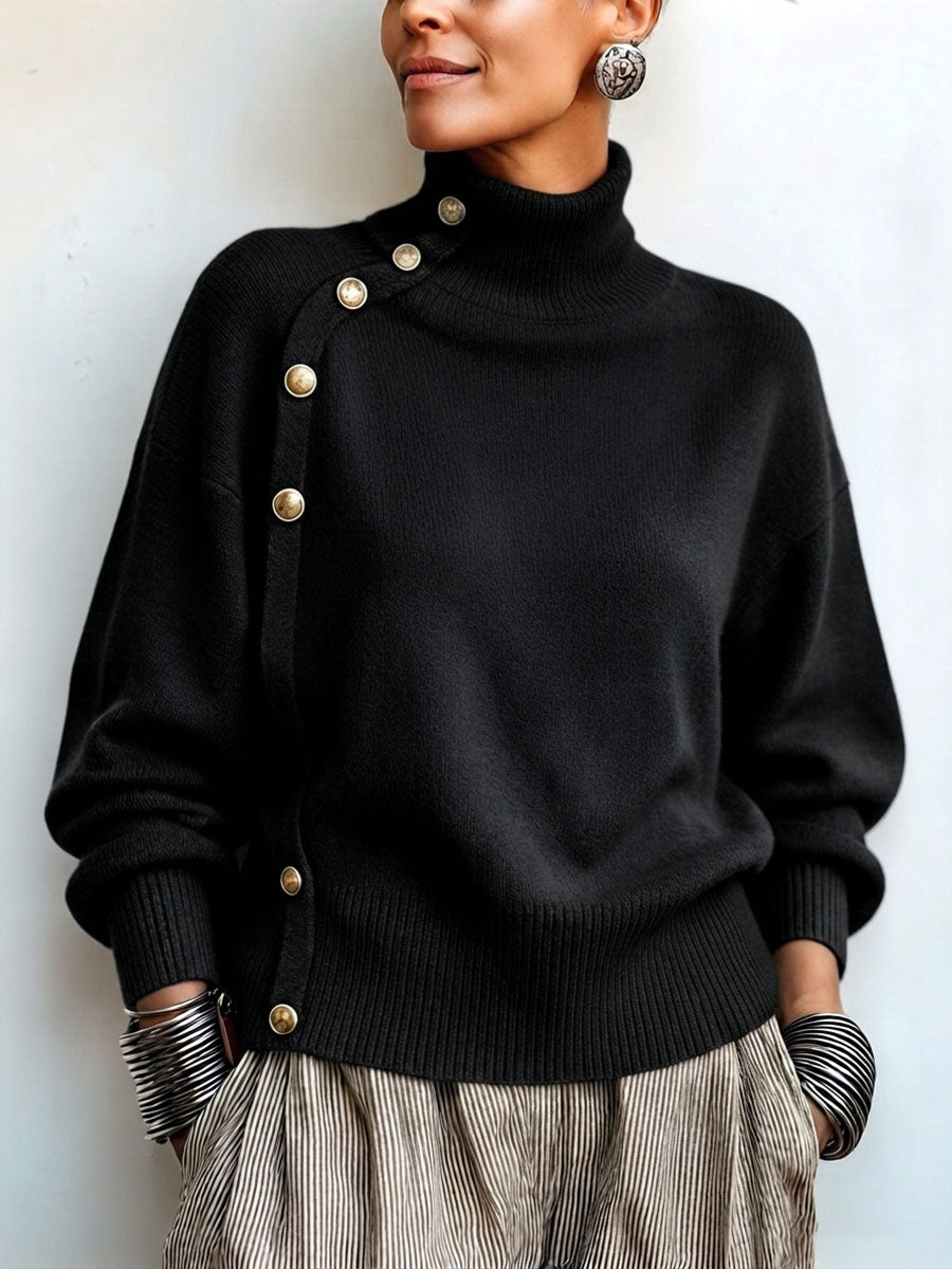 Chic Elegant Asymmetrical Button Turtleneck Sweater