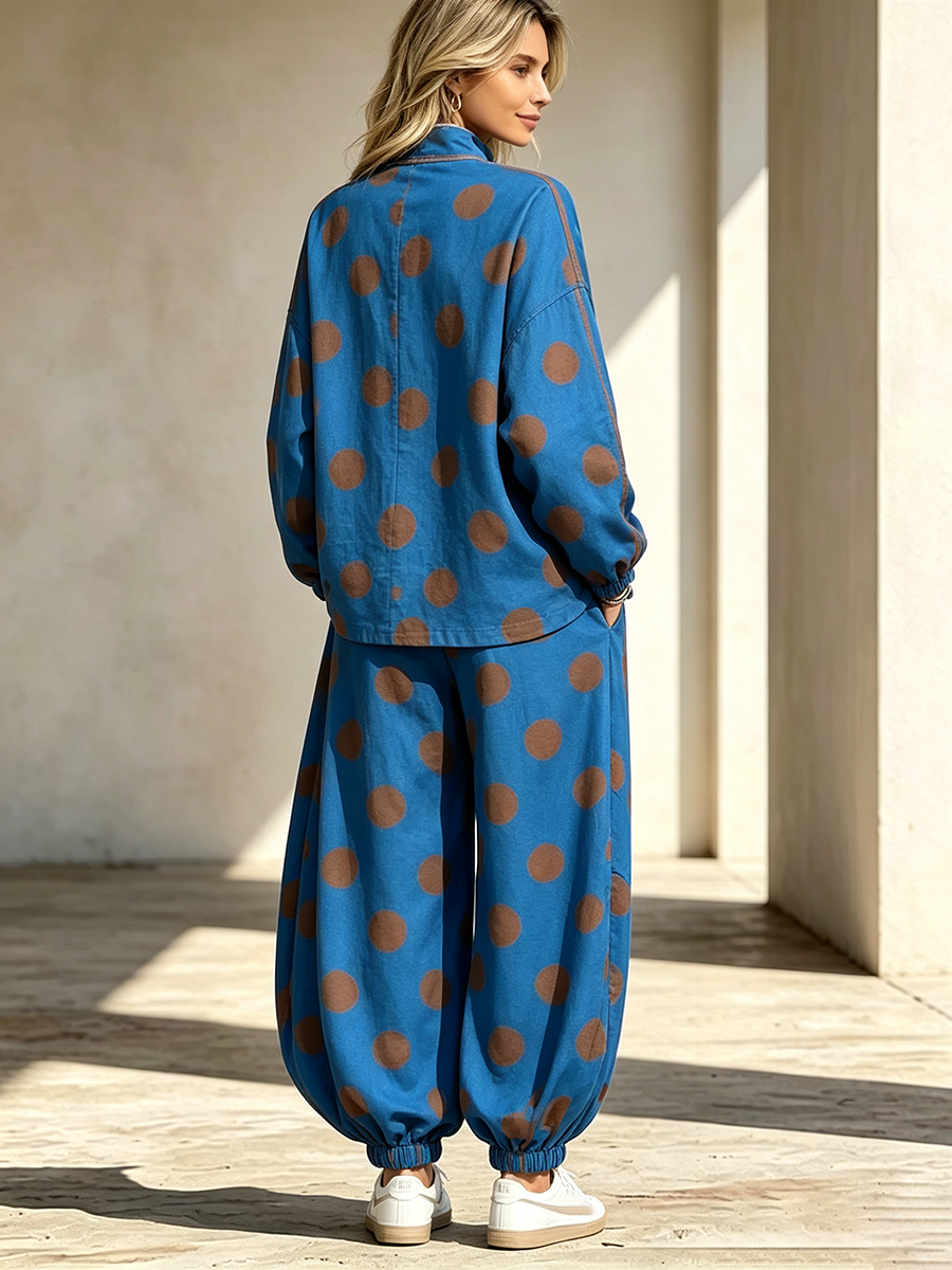 Cozy Fall Casual Polka Dot Frog Button Tracksuit Set