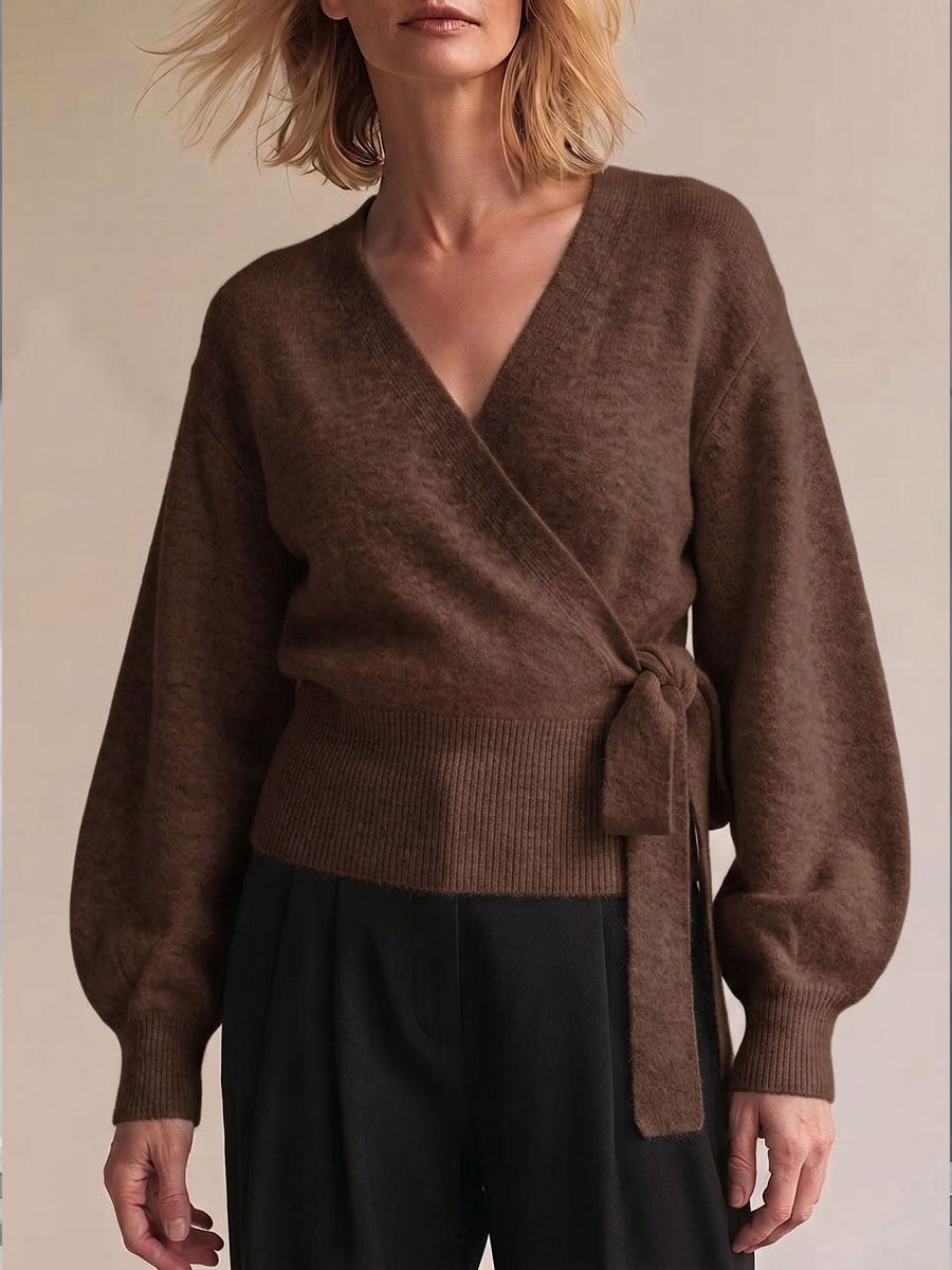Women's Solid Color V-neck Long Sleeve Casual Loose Tie-waist Knit Top