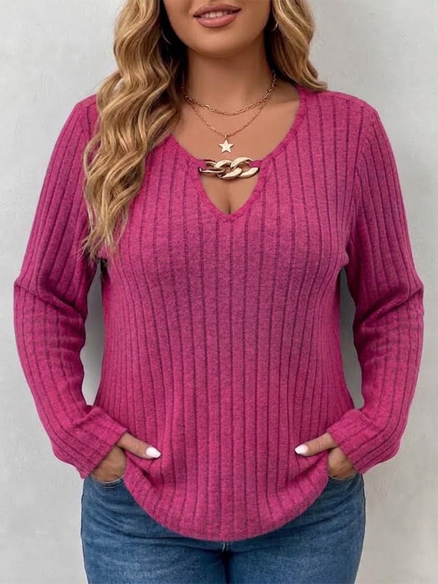 Long-sleeve V-neck Top With Vertical Ribbing And Metal Chain Detail