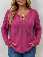 Long-sleeve V-neck Top With Vertical Ribbing And Metal Chain Detail