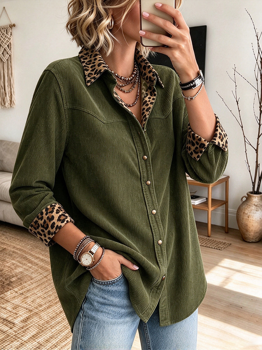 Casual Corduroy And Leopard-print Patchwork Shirt