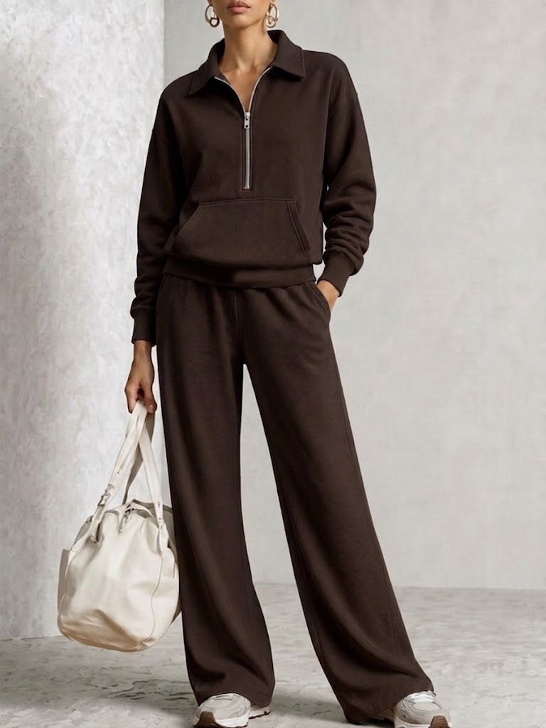 Half‑zip Collared Sweatshirt & Wide‑leg Sweatpants Set